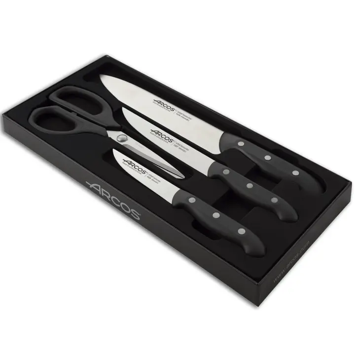 ARCOS Maitre - Set 3 Cuchillos de Cocina (100, 150 & 215 mm) + Tijeras (215 mm) - Hoja de Acero Inoxidable Nitrum® - Mango Negro de Polipropileno (PP) - Estuche Regalo - 152600 - 1