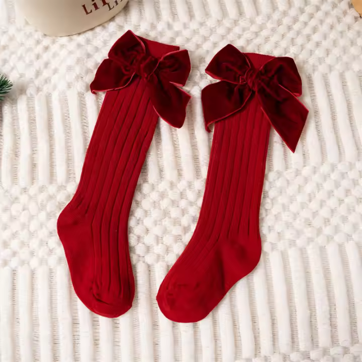 Calcetines Largos Para Bebés Niñas Con Lazo Grande Algodón Suave Para Otoño Invierno Diseño Navideño Juguetón Para Niños De 0 a 8 Años - 1