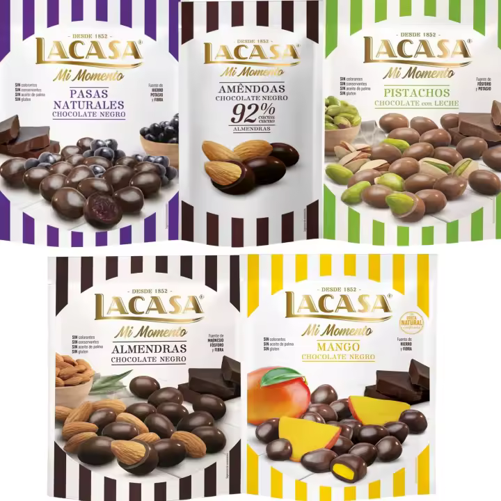 Lacasa Mi Momento pack de 5:Almendra 92% 65G,Pasas choco Negro 150G,Almendra choco Negro 125G,Pistacho Leche 100G,Mango choco Negro 115G - 1