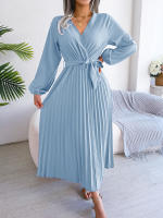 Vestido Largo Elegante Para Mujer Con Cuello En V Manga Larga Pleated Maxi Con Cinturón Estilo Casual De Pierna Larga - details 55