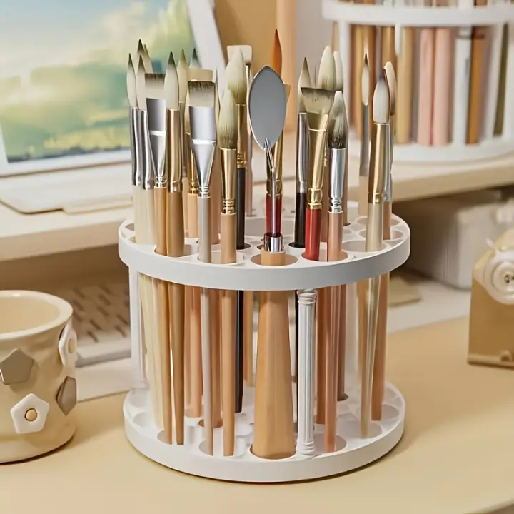 Soporte Giratorio De Pincel 360° - Organizador Blanco Elegante Para Pinceles De Arte Accesorio Espacioso Para Escritorio Con Terminación Glaseada - 1