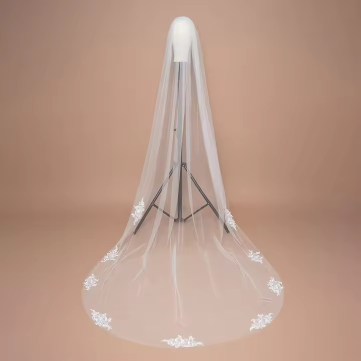 Velo De Novia De Encaje Con Borde De Flor Y Comb De Cabello Estilo Sencillo 1 Capa Longitud Catedral 3mx1.5m Accesorios Para Boda - 1