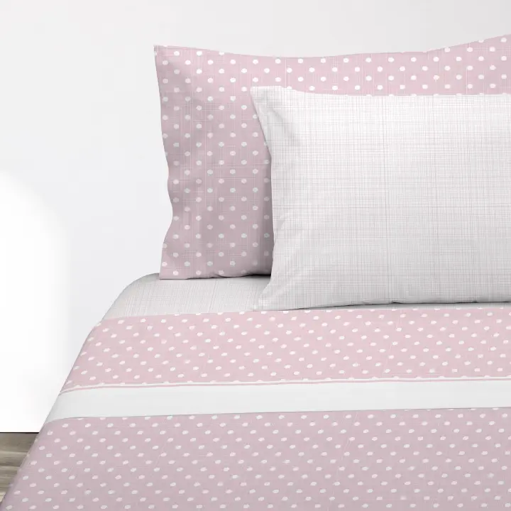 Manterol Outlet - Juego de sábanas estampado lunares beige, rosa y gris. Calidad 50% Algodón 50% Poliéster. Incluye bajera ajustable, encimera y fundas de almohada. Sábana de verano transpirables y ligeras. - 1