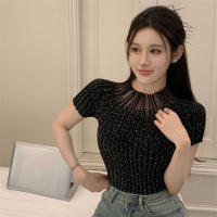 Top De Punto Para Mujer Con Cuello Medio Y Manga Corta Estilo Casual Con Brillantes Polyester Stretch Medio Para Todas Las Estaciones - details 5