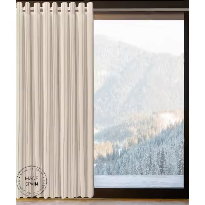 Cortina Rebeca Gris confeccionada cinta multiusos (Pasabarras y cinta fruncidora). Visillo Jacquard de rayas verticales fabricado con materiales reciclados y de calidad. Cortinas para salón, dormitorio y cocina. Fabricado en España - 1