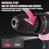Destornillador inalámbrico de alta potencia, taladro eléctrico recargable, batería de litio, velocidad de 1400rpm, herramientas multifuncionales, taladro de impacto 25 + 1 par 21 V bolsa de diamante rosa juego integrado - details 2