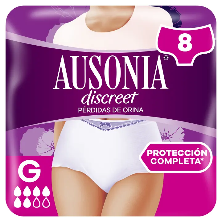 Ausonia Discreet Braguitas Para La Incontinencia Para Mujer Plus, Bloquea Pérdidas Y Olores, Cómodas Y Discretas, Talla L, 8 Braguitas. - 1