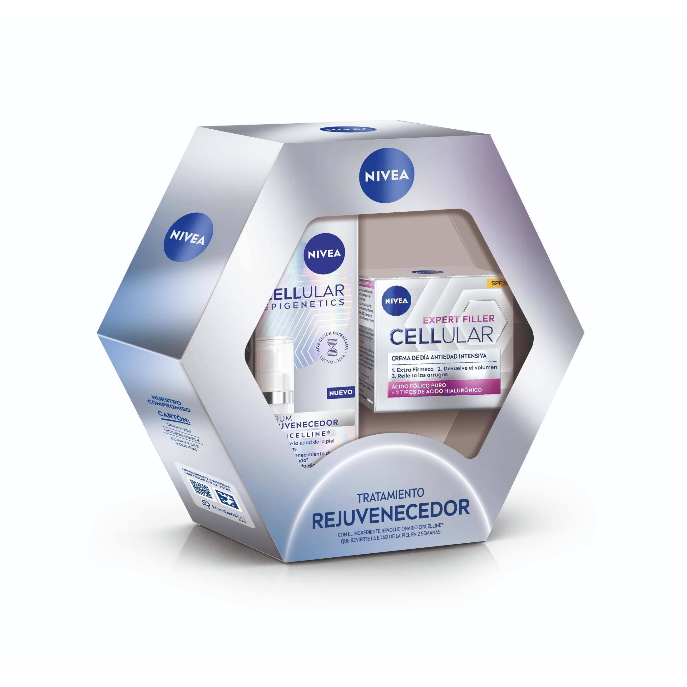 NIVEA Pack Cellular epigenestics de día– Caja regalo con Sérum Facial Epigenetics y Crema de día FPS30 – Efecto lifting para rostro, cuello y escote