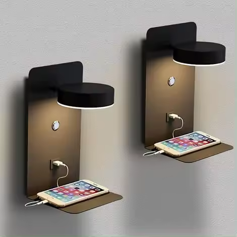 Aplique LED de interior con interruptor e interfaz USB, Lámpara de cabecera tricolor de 12W regulable, Negro - 1
