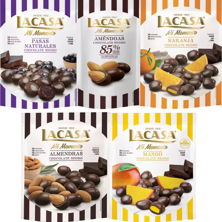 Lacasa Mi Momento pack de 5:Almendra 85% 65G,Pasas choco Negro 150G,Almendra choco Negro 125G,Naranja choco Negro 125G,Mango choco Negro 115G - 1