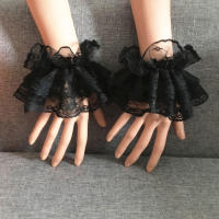 Pulseras De Encaje Negro Con Floral Ruffle Para Mano Lolita Cuff De Muñeca Elegante Guantes Cortos Para Damas Gloves De Halloween - details 3