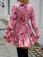 Vestido Largo De Manga Puffy Para Mujer Elegante Con Cuello En V Y Falda A-line Impresa Casual De Otoño E Invierno - details 5
