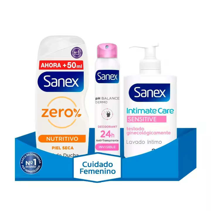 Sanex Pack de cuidado para mujer con Gel de ducha Zero% nutritivo 600ml, Jabón Íntimo 250 ml y Desodorante Spray Invisible 200ml - 1