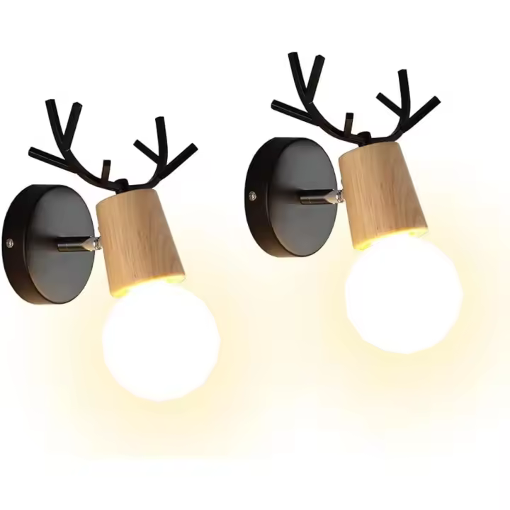 Juego de 2 lámparas de pared creativas modernas, diseño de astas, lámpara de pared para interiores, lámpara de pared Art Deco de madera y metal (negro) - 1