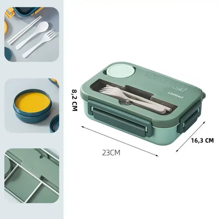 Fiambrera hermética para estudiantes, caja de almuerzo de 4 rejillas con vajilla, desinfectante de Microwavabie, Cieaning, Oficina Aduits Schooi, 1300ML, 1 unidad - 1