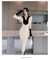 Vestido Elegante De Lana Con Bloque De Colores Y Encaje H Han Queen Para Oficina Y Fiesta Vestido Largo De Manga Larga Para Mujer Moda Otoño - details 8