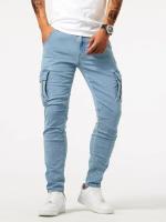 Pantalones De Mezclilla Ajustados Para Hombre Estilo Calleje Con Múltiples Bolsillos Y Cierre De Cremallera Jeans De Color Sólido Casual Para Uso Diario - details 3