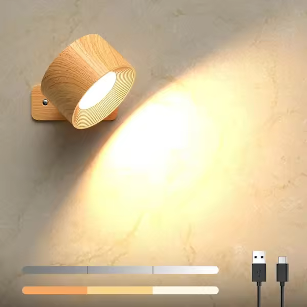 Lámpara de pared interior, carga por USB, 3 colores y 3 niveles de brillo, lámpara de pared inalámbrica de control táctil giratoria de 360 ° - 1