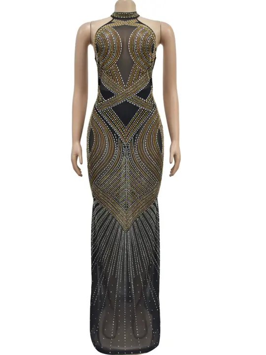Vestido De Noche De Lujo Bonnie Forest Para Mujer Con Diamantes Y Cuello Haltera Translúcido Vestido De Fiesta Para Celebridades Vestido De Año Nuevo - 1