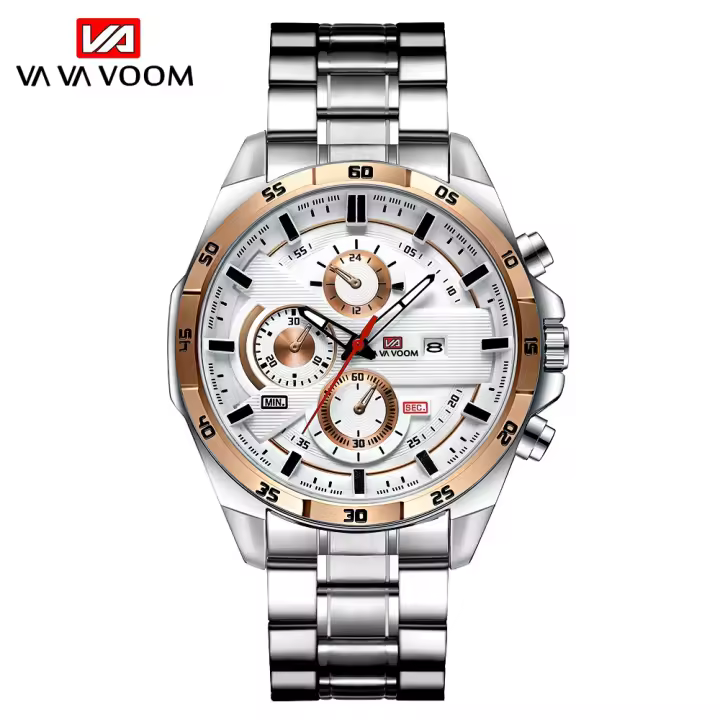 Reloj De Hombre VA VA VOOM De Acero Inoxidable Con Dial Grande De 46mm En Color Plata Y Negro Serie Original De Carreras Deportivas Reloj De Cuarzo Resistente Al Choque Y a Agua - 1