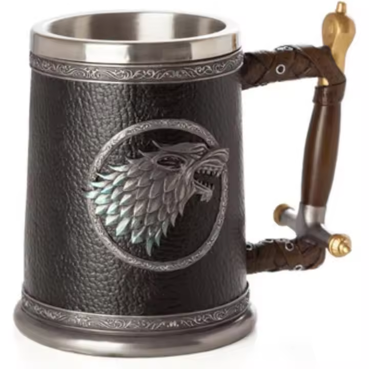 Jarra de Cerveza vikinga de Juego Retro de Acero Inoxidable Pintada a Mano - Exquisita Jarra de Cerveza Decorada con Resina, diseño de mitología nórdica, Estilo gótico - 1
