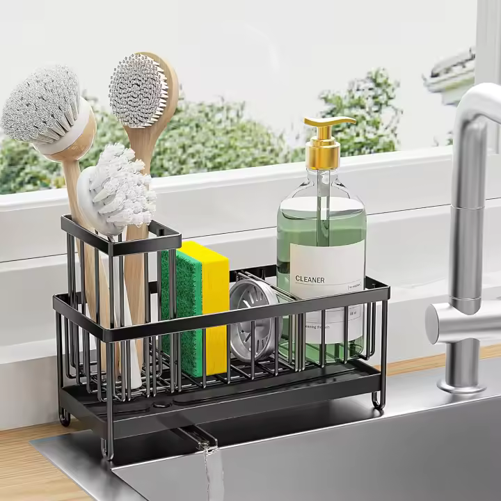 Escurrecubiertos retráctil de acero inoxidable negro de un nivel con bandeja de goteo y soporte para cubiertos,Soporte de esponja para fregadero de cocina - 1