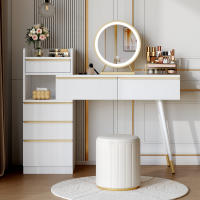 Cómoda with Espejo LED Iluminado Regulable (Luz Fría/Caliente) | 6 Cajones with Tiradores Dorados en Bronce + Mesita Extensible | Diseño Moderno Blanco Matt-102x100x41.5 cm | Ideal para Baño/Dormitorio - Sin Taburete, montaje Facil - details 0