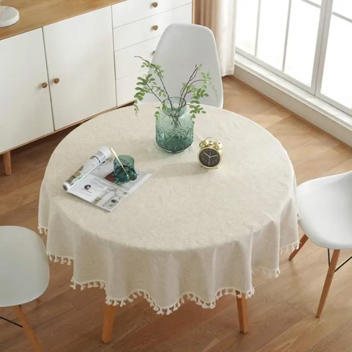 SOMY Manteles redondos Mantel de borlas de color sólido Mantel de algodón versátil para interiores y exteriores (120 cm) Manteles - 1