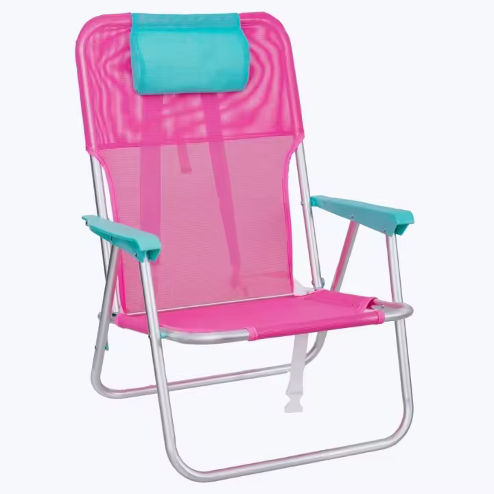 Silla de playa junior con mochila Rosa plegable ligera de aluminio Resiste hasta 80 kg. Silla fija de 55x40x71 cm. Cojín reposacabezas turquesa. Correas acolchadas y ajustables MONTY - 1