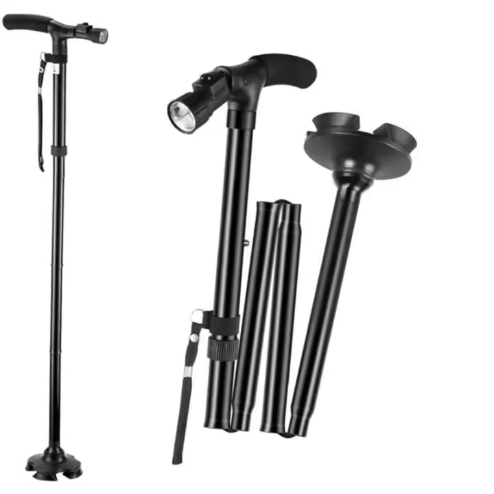 Muletas plegables de aleación de aluminio con luces, muletas de cuatro patas para personas mayores, muletas telescópicas multifuncionales de cuatro esquinas - 1