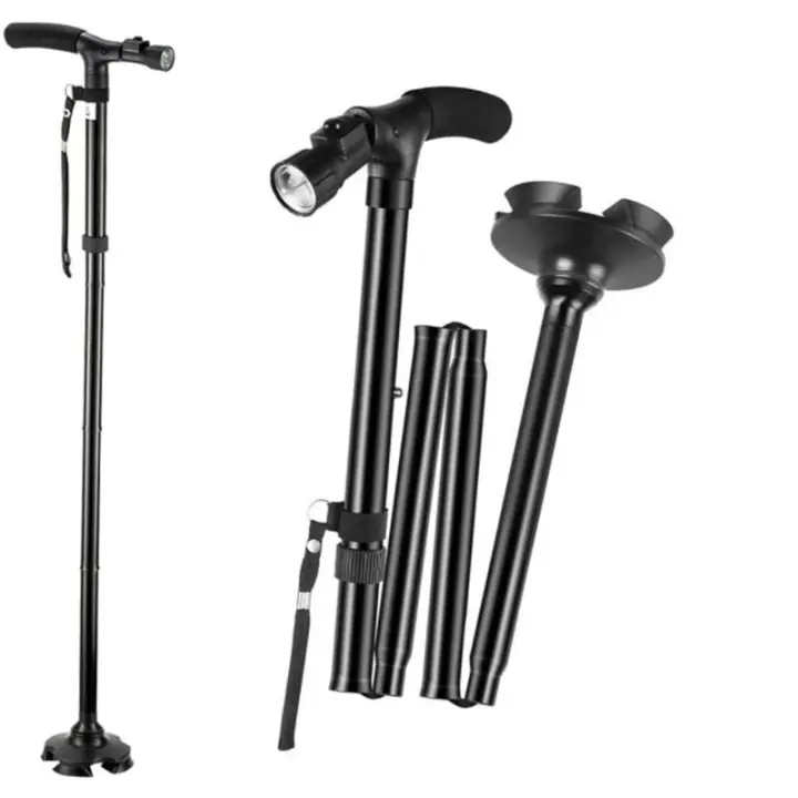 Muletas plegables de aleación de aluminio con luces, muletas de cuatro patas para personas mayores, muletas telescópicas multifuncionales de cuatro esquinas - 1