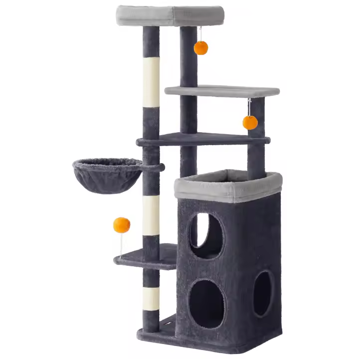 Feandrea Árbol Alto para Gatos, Altura de 152 cm, Rascador Multinivel con 2 Cuevas Grandes, una Hamaca, 3 Columnas para Arañarse, 3 Plataformas, Gris Paloma/Gris Oscuro - 1
