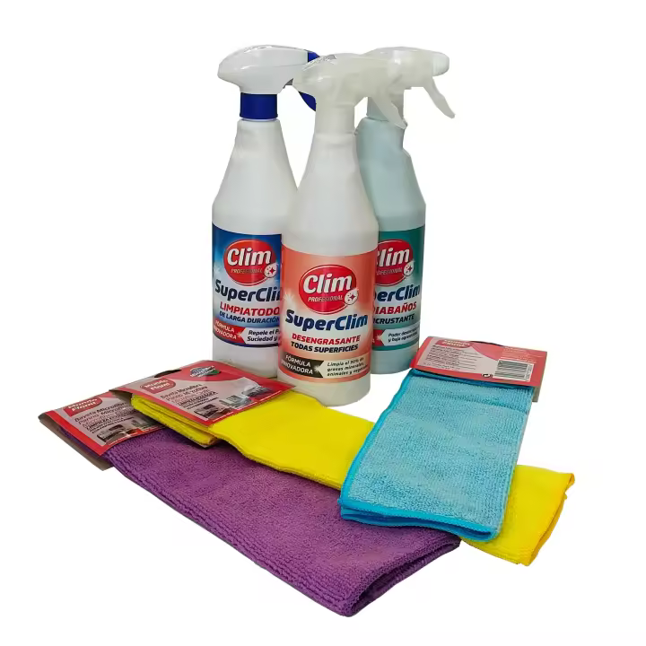 Pack limpieza completa SuperClim: multiusos, desengrasante y limpiabaño 750 ml + 3 bayetas microfibra - 1