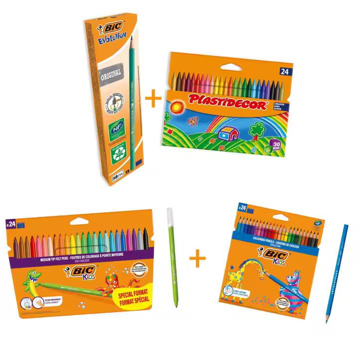 BIC Pack Coloreado y Escritura - Set de 24 ceras Plastidecor, 24 rotuladores lavables Kid Couleur y 12 lápices de grafito HB - 1