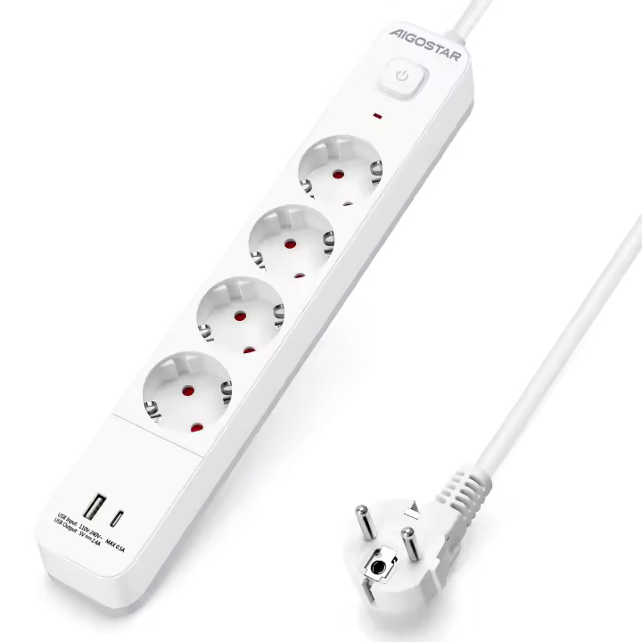 Aigostar Regleta alargador de 4 enchufes con cable de 1.5/3/5 metros e interruptor de USB+TYPE C - 1