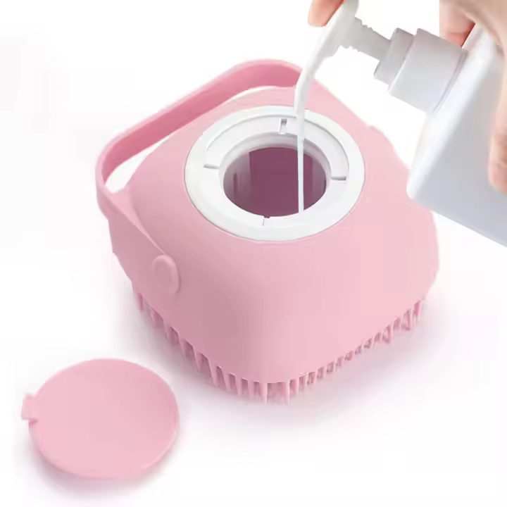Cepillo de Masaje de Baño para Mascotas Verde con Dispensador de Champú - Cerdas de Silicona Suaves para Perros y Gatos de Pelo Corto y Largo - Rosa - 1