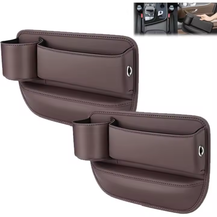 Caja de almacenamiento para asiento de coche, bolsa de cuero para portavasos, caja de almacenamiento para asiento de coche con portavasos, caja de almacenamiento para espacio de asiento (2 piezas marrón, asiento del pasajero) - 1