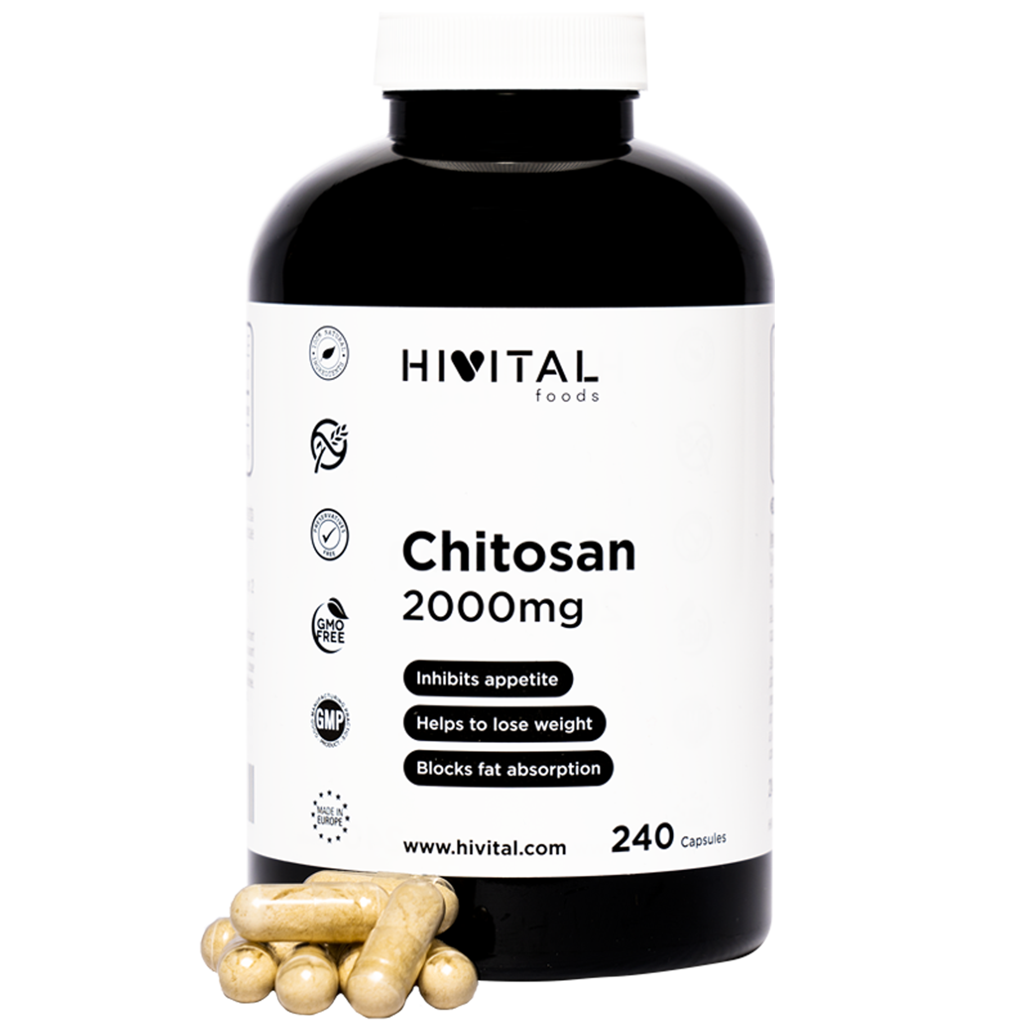 Chitosán Marino 2000 mg. 240 cápsulas para 2 meses de tratamiento. Quitosano Natural procedente de la Quitina de Crustáceo. Fibra natural para bloquear la absorción de grasas y reducir el apetito. Hivital