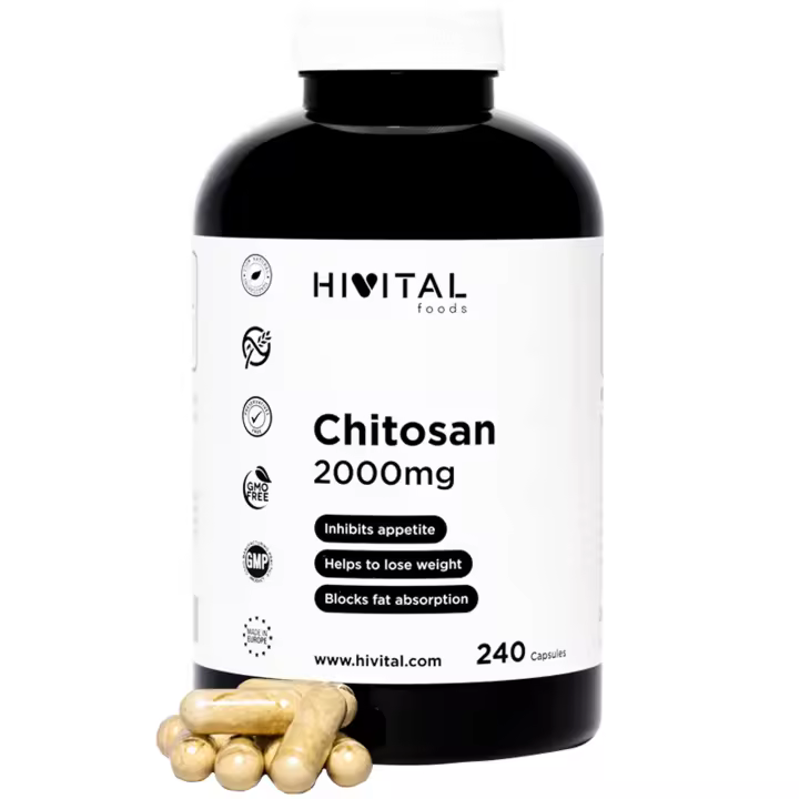 Chitosán Marino 2000 mg. 240 cápsulas para 2 meses de tratamiento. Quitosano Natural procedente de la Quitina de Crustáceo. Fibra natural para bloquear la absorción de grasas y reducir el apetito. Hivital - 1