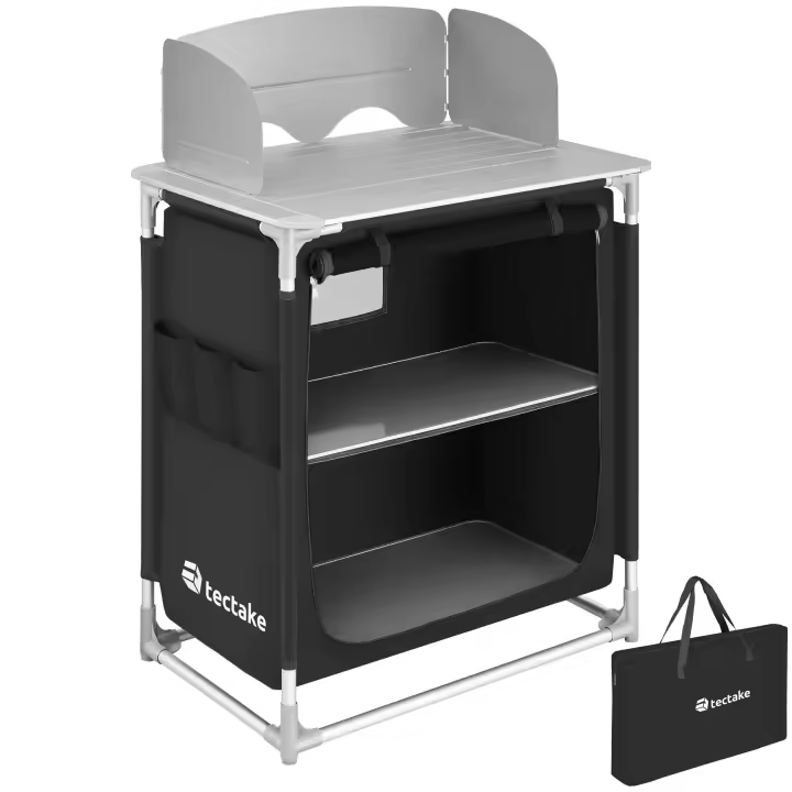 Tectake - Cocina de camping 76 x 53,5 x 107 cm  Amplia cocina plegable  Mesa resistente al calor con protectores para el viento  Compartimento con cierre de cremallera y placas interiores reforzadas con aluminio - 1