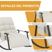 HOMCOM Silla Mecedora con Respaldo y Reposapiés Ajustables Mecedora de Salón Sillón Balancín Tapizado en Microfibra con Bolsillo para Dormitorio 60x134x70 cm Crema - details 5