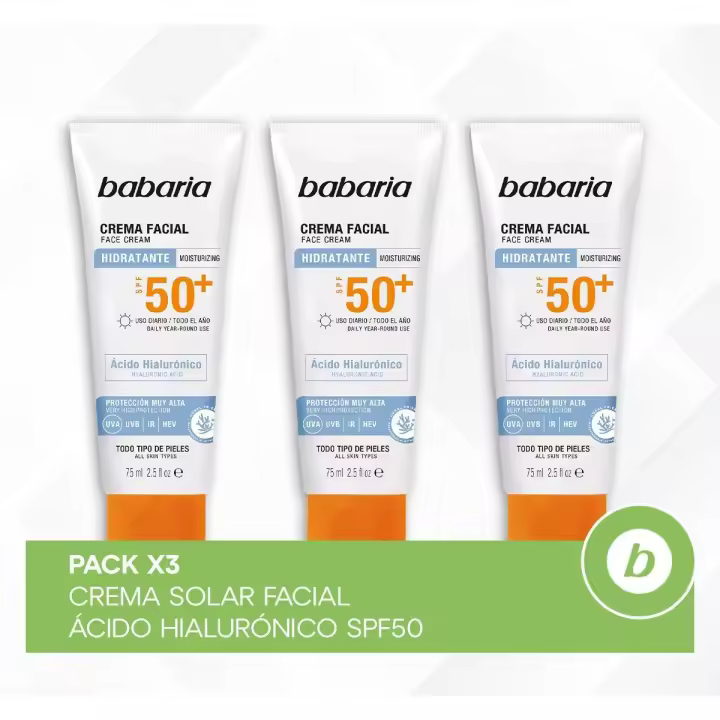 BABARIA PACK X3 CREMA SOLAR FACIAL ÁCIDO HIALURÓNICO SPF50 - 1