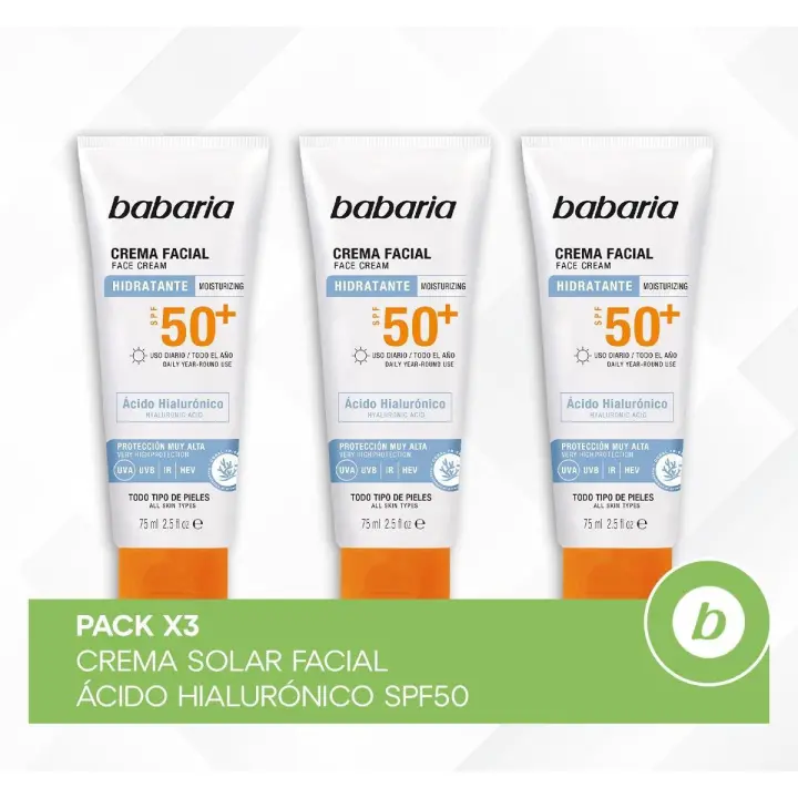 Babaria Pack 3x Crema Solar Facial Ácido Hialurónico SPF50+: Crema Hidratante con Protección Solar Alta, Antiarrugas y Antimanchas 75ml - 1