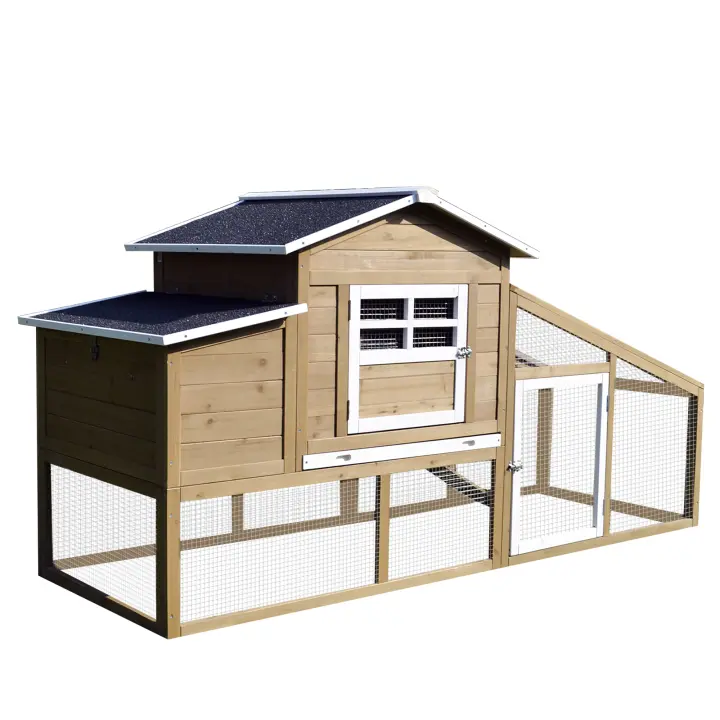 PawHut Gallinero de Madera Exterior Jaula para 2-4 Gallinas con Corral de Alambre Techos Asfálticos Nido Bandeja Extraíble y Rampa 200x80x105 cm Marrón - 1