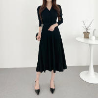Vestido De Suéter Tejido Para Mujer Estilo Vintage A-Line Cuello V Manga Regular Botones Mid-Calf Talla Suave Otoño Invierno - details 10