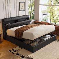 Cama tapizada con estilo, 160*200, Cama hidráulica, Estante Oculto en el cabecero, Estante en El Cajón DE LA Cama, PU, Con somier y cabecero, Sin colchón, Negro - details 2