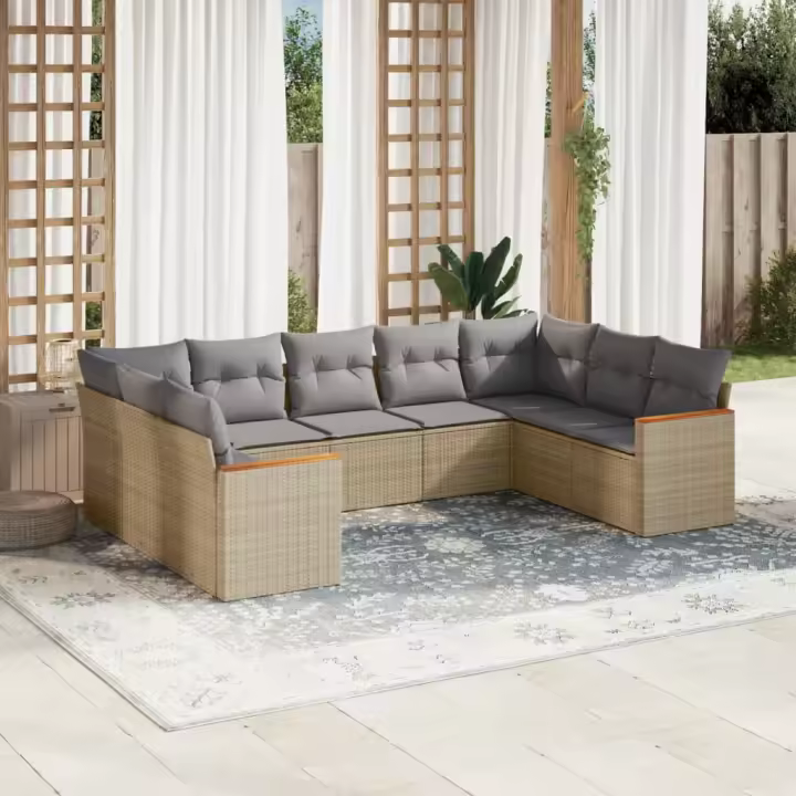 vidaXL Juego de sofás jardín con cojines beige mezcla 9 pzas ratán PE - 1