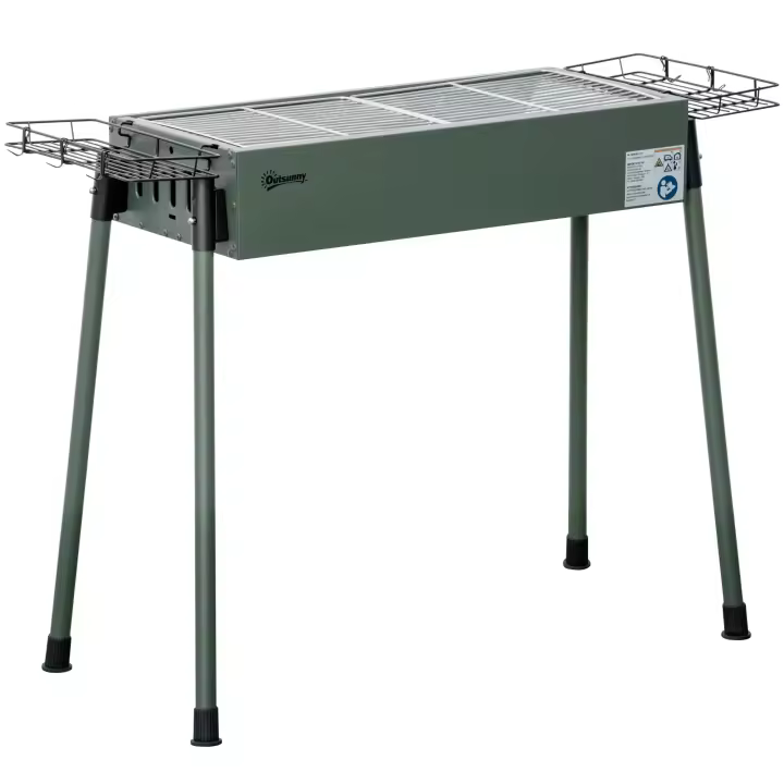 Outsunny Parrilla de Carbón, Parrilla de Camping Antideslizante con Rejilla, Clip para Parrilla, Cestas Laterales para Jardín, Barbacoa de Acero Inoxidable + Metal Galvanizado Verde Oscuro 77 x 30 x 70 cm - 1