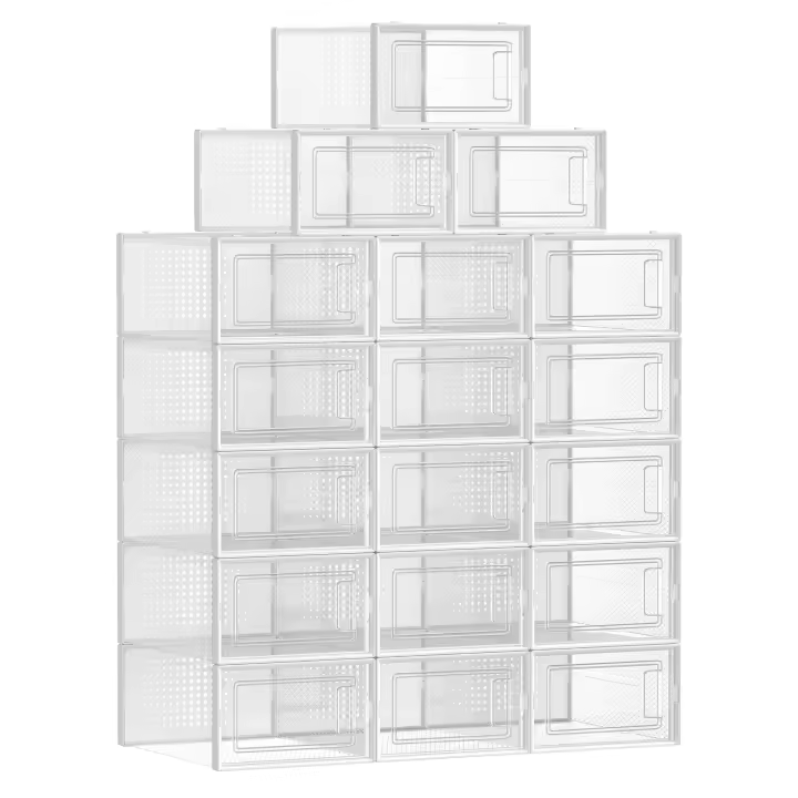 SONGMICS Cajas de Zapatos Plástico, Juego de 18 Organizadores de Almacenamiento, Caja Zapatero Plástico Plegable y Apilable para Zapatillas hasta talla 44, Transparente y Azul Carbón/Transparente y Beige Avena/Transparente y Negro/Transparente y Verde Lau - 1