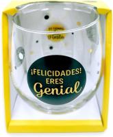 Vaso de vidrio con la frase "¡Felicidades! Eres Genial" y elementos decorativos - details 0